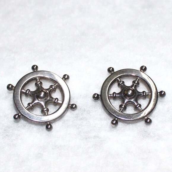 Unbranded Silver Tone Nautical Ship's Wheel Push Back Pierced Earrings - Picture 1 of 11
